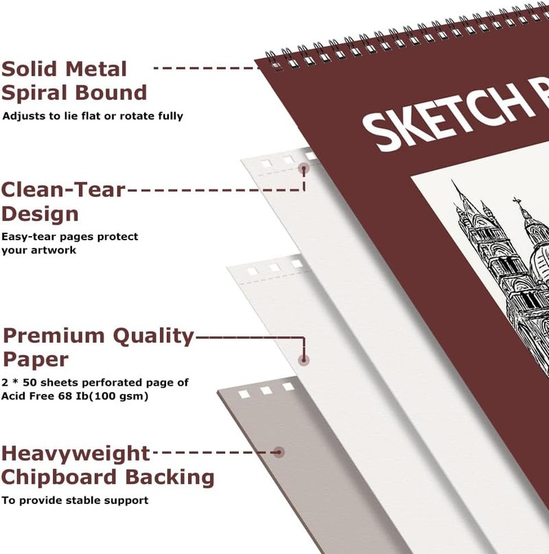 Hapikalor 9" x 12" Sketch Book, 2-Pack 50 Sheets Spiral Bound Art Sketchbook, Acid Free Artist Drawing Book Paper, Art Supplies for Kids, Craft Activities, Sketch Paper for Drawing Coloring Sketching(Brown) - Image 2